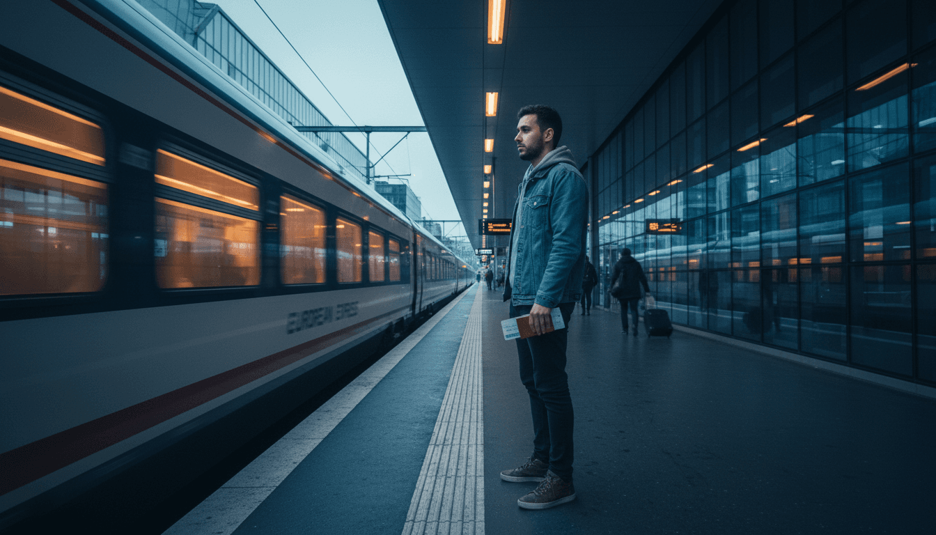 Jeune professionnel sur un quai de gare en Europe, regardant arriver son train